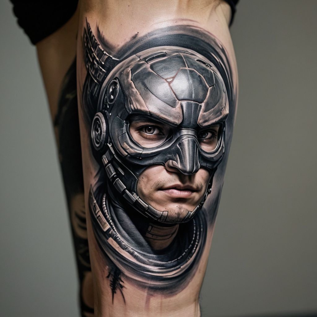 AI tattoo flash by Digital Rebel: photorealistic cyborg portrait with mask in black and grey realism