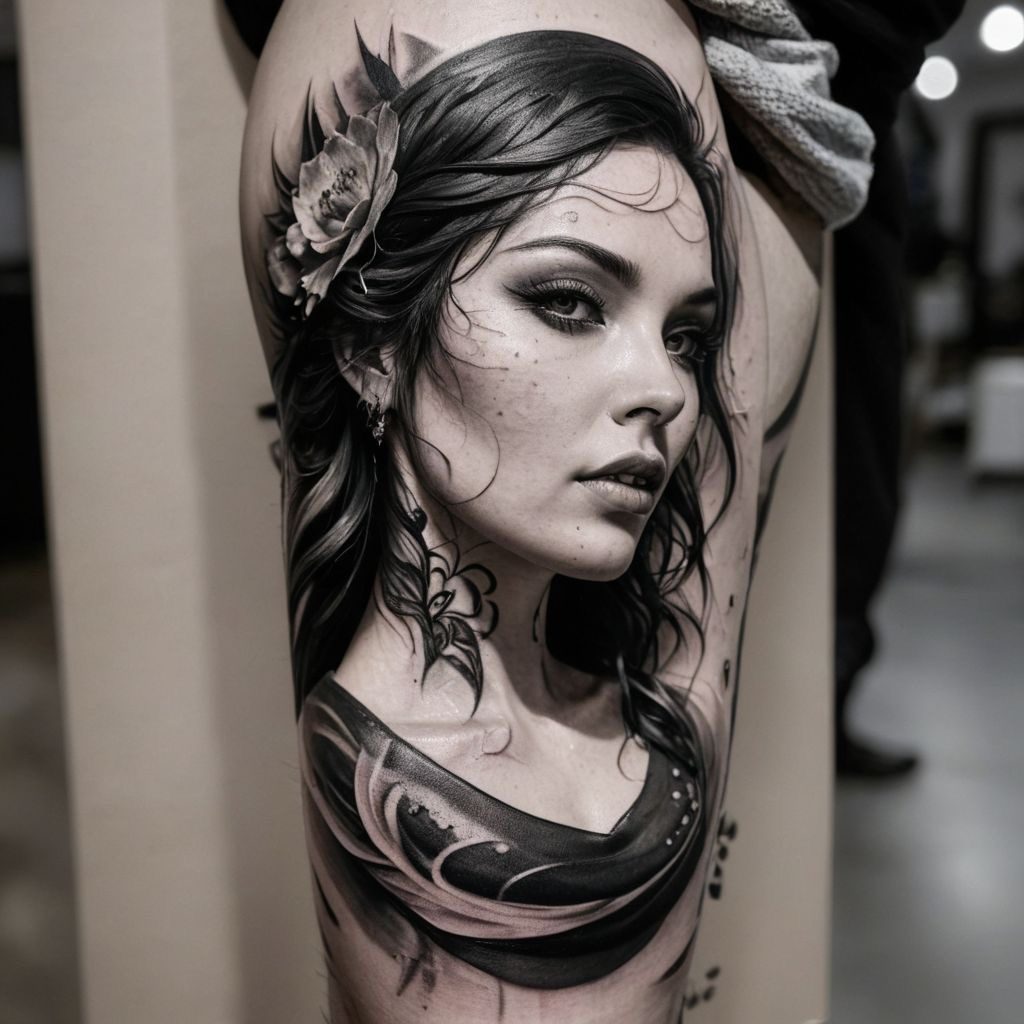 AI tattoo flash: female portrait with flower in black and grey realism