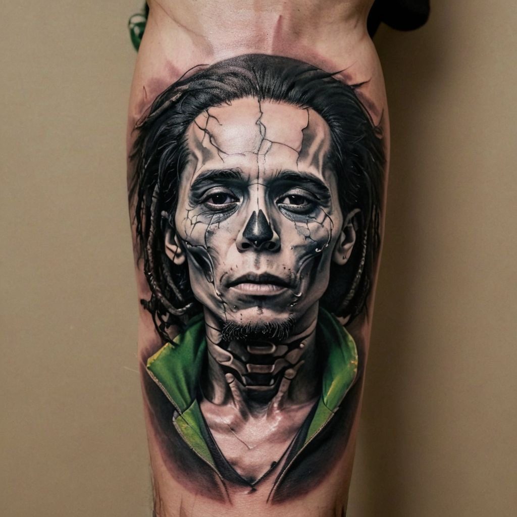 AI generated tattoo flash: portrait with skull elements, realized as a black and grey realism tattoo