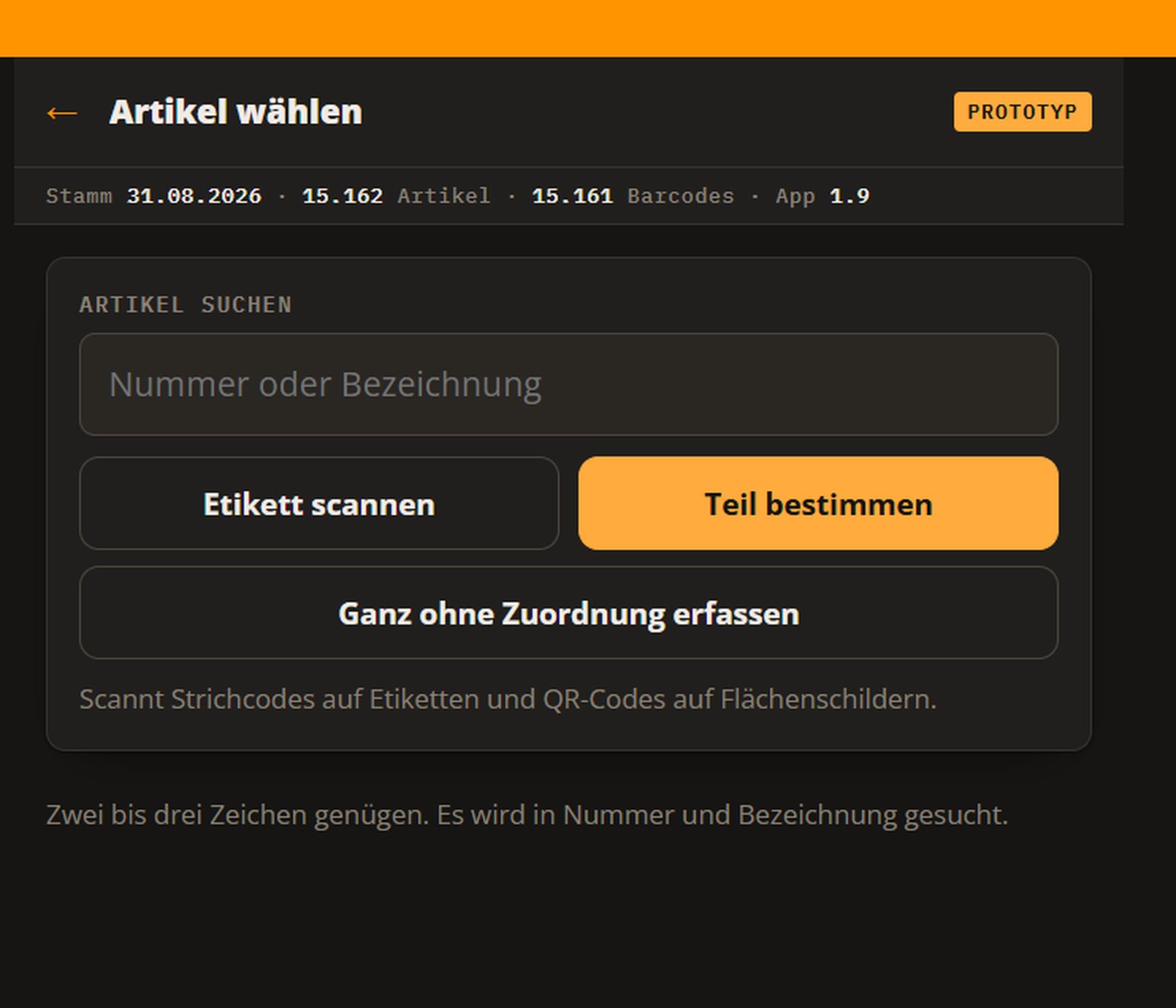 CETRAC Inventur-App: Artikel wählen, mit Etikett scannen, Teil bestimmen und Erfassung ohne Zuordnung