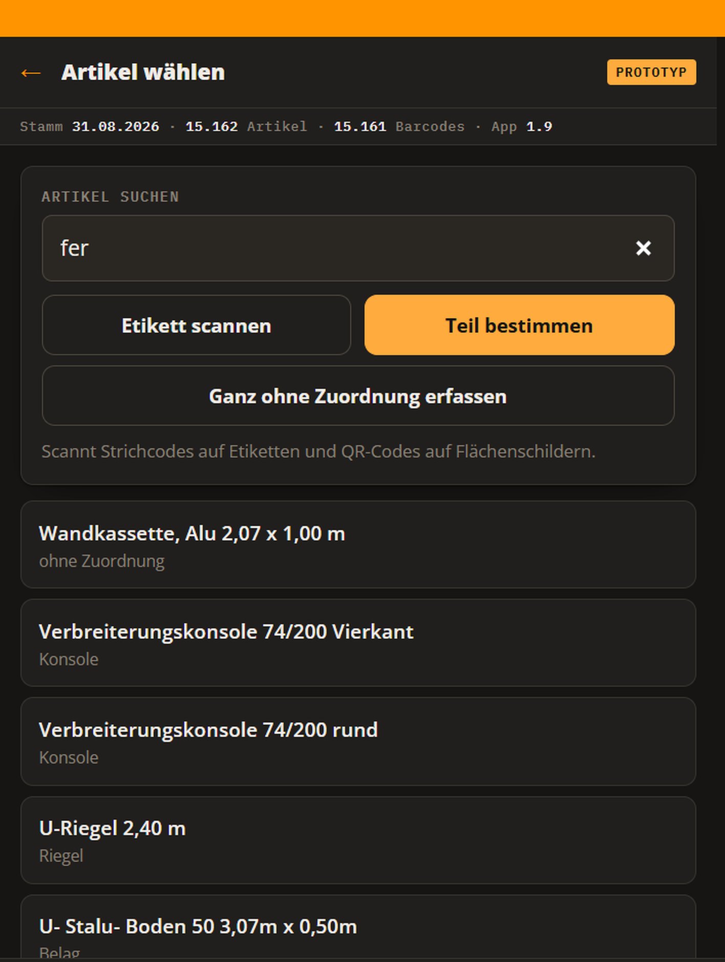 CETRAC Inventur-App: Artikelsuche mit Trefferliste aus dem Artikelstamm
